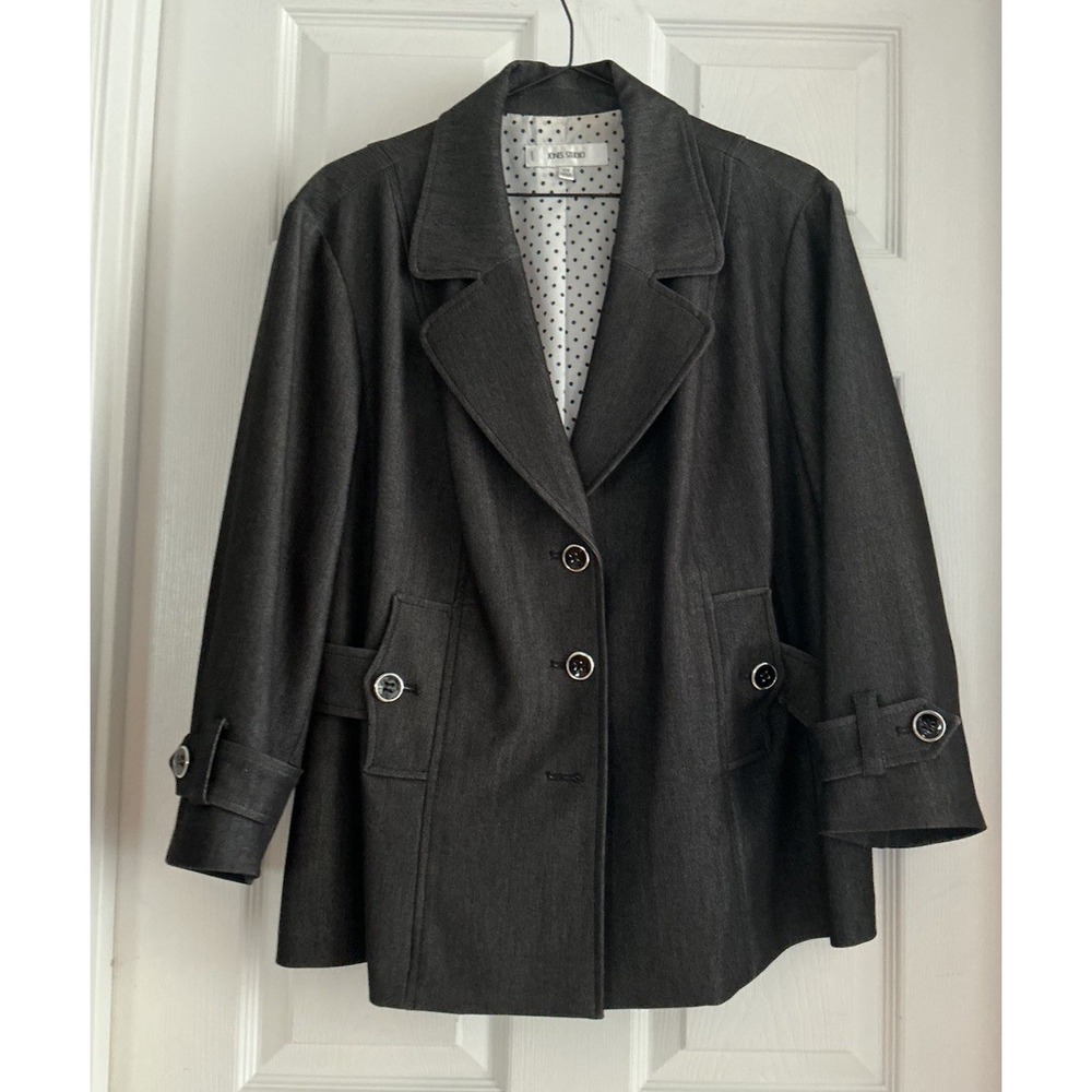 Jones Studio Women's 16W Charcoal Gray 3 Button Blazer Jacket Polka Dot Lining